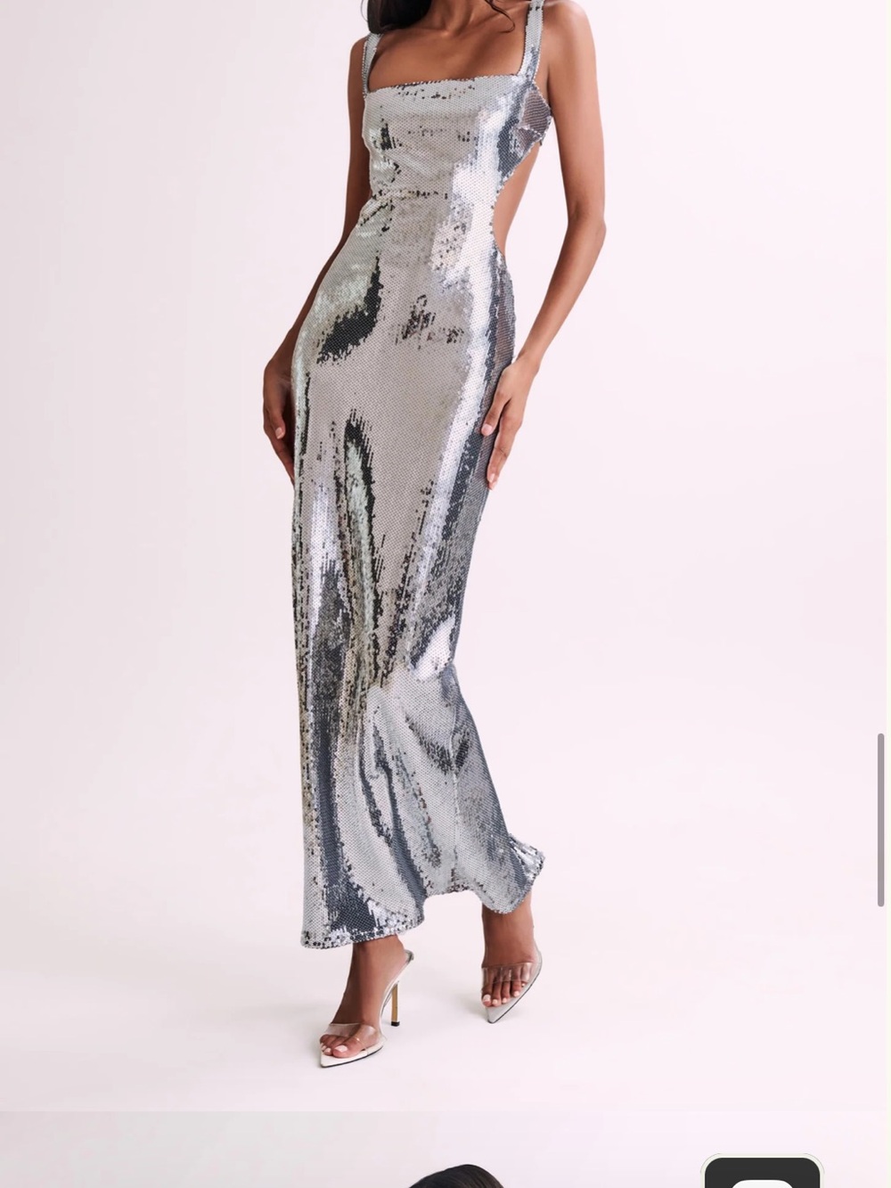 Meshki Adoria Silver Sequin Cutout Maxi Dress
